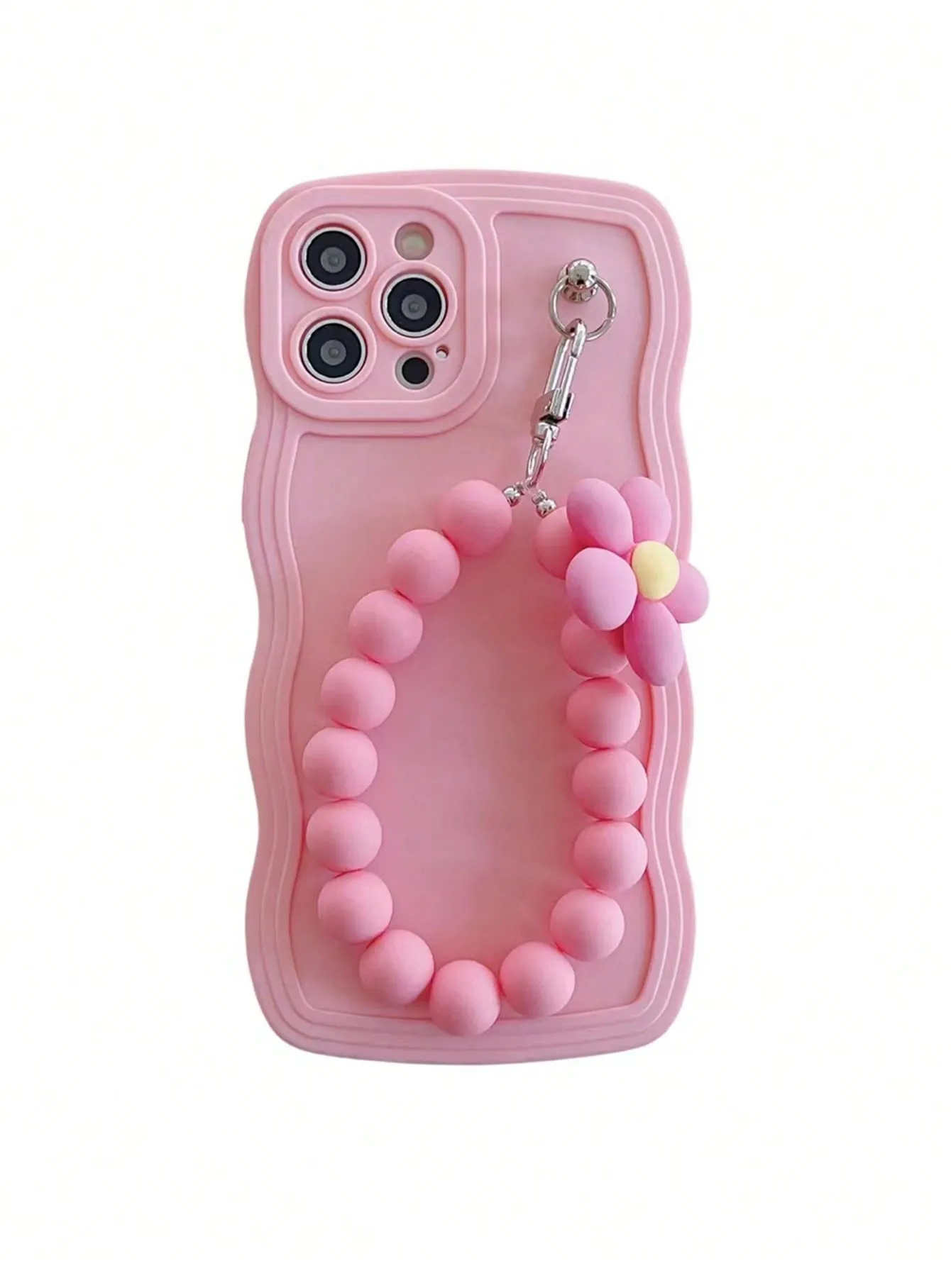 1pc Flower & Bead Decor Pink Phone Case & Lanyard