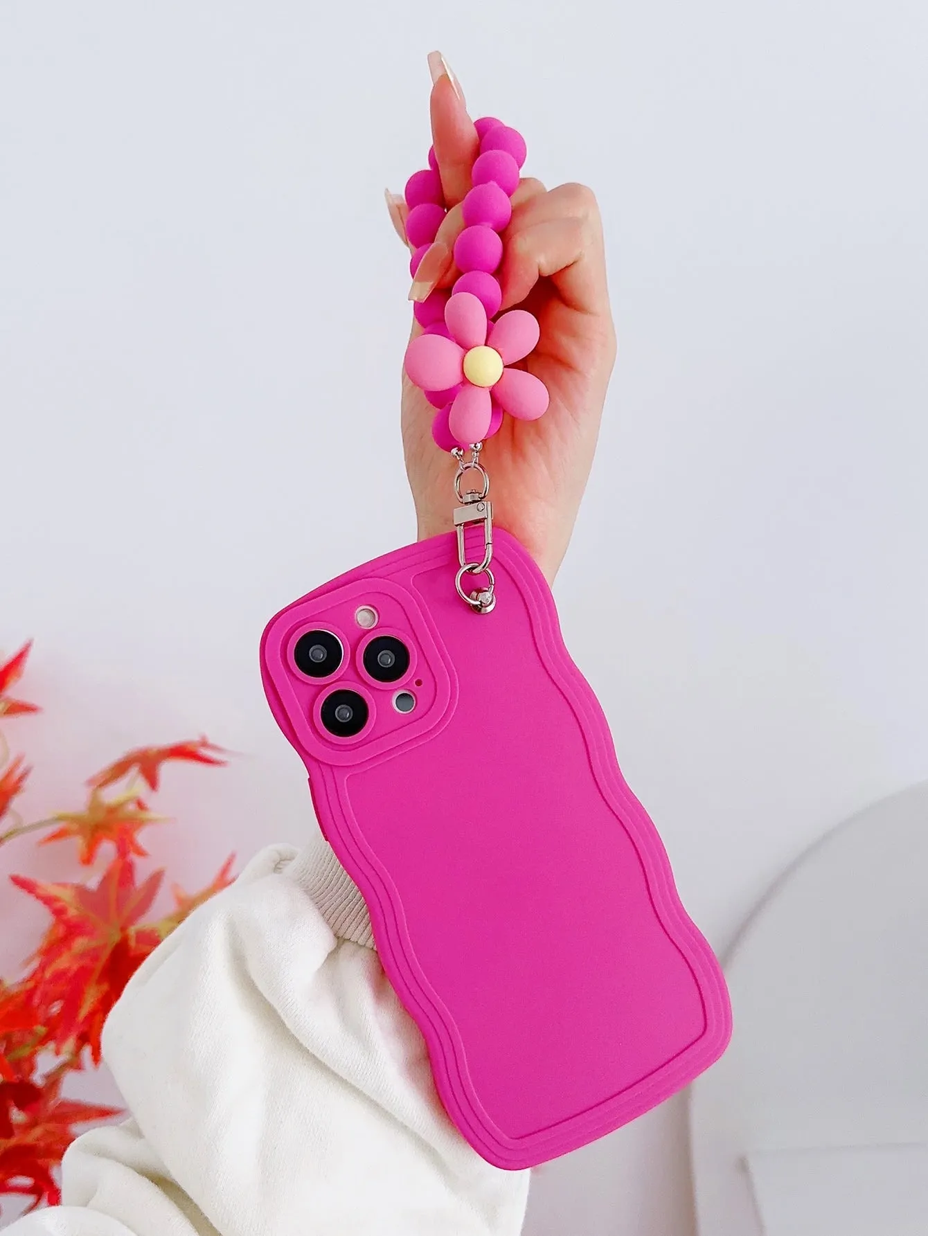 1pc Flower & Bead Decor Pink Phone Case & Lanyard