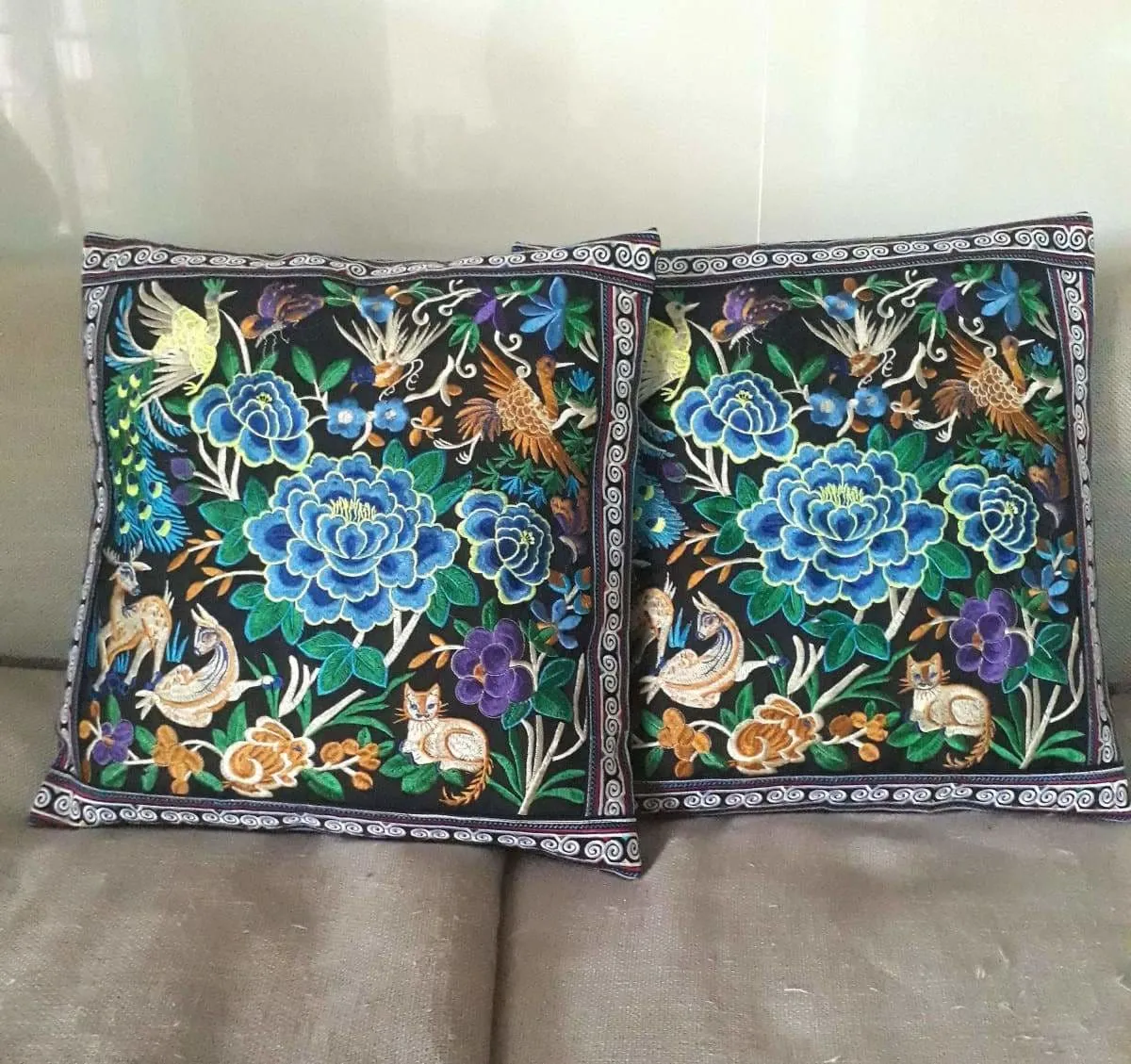 2 Hmong Thai Embroidered Hobo Boho Cushion Pillow Covers