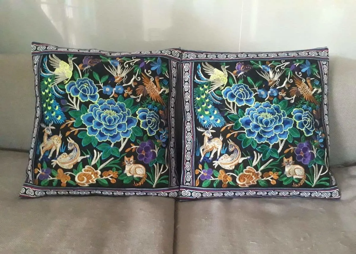 2 Hmong Thai Embroidered Hobo Boho Cushion Pillow Covers