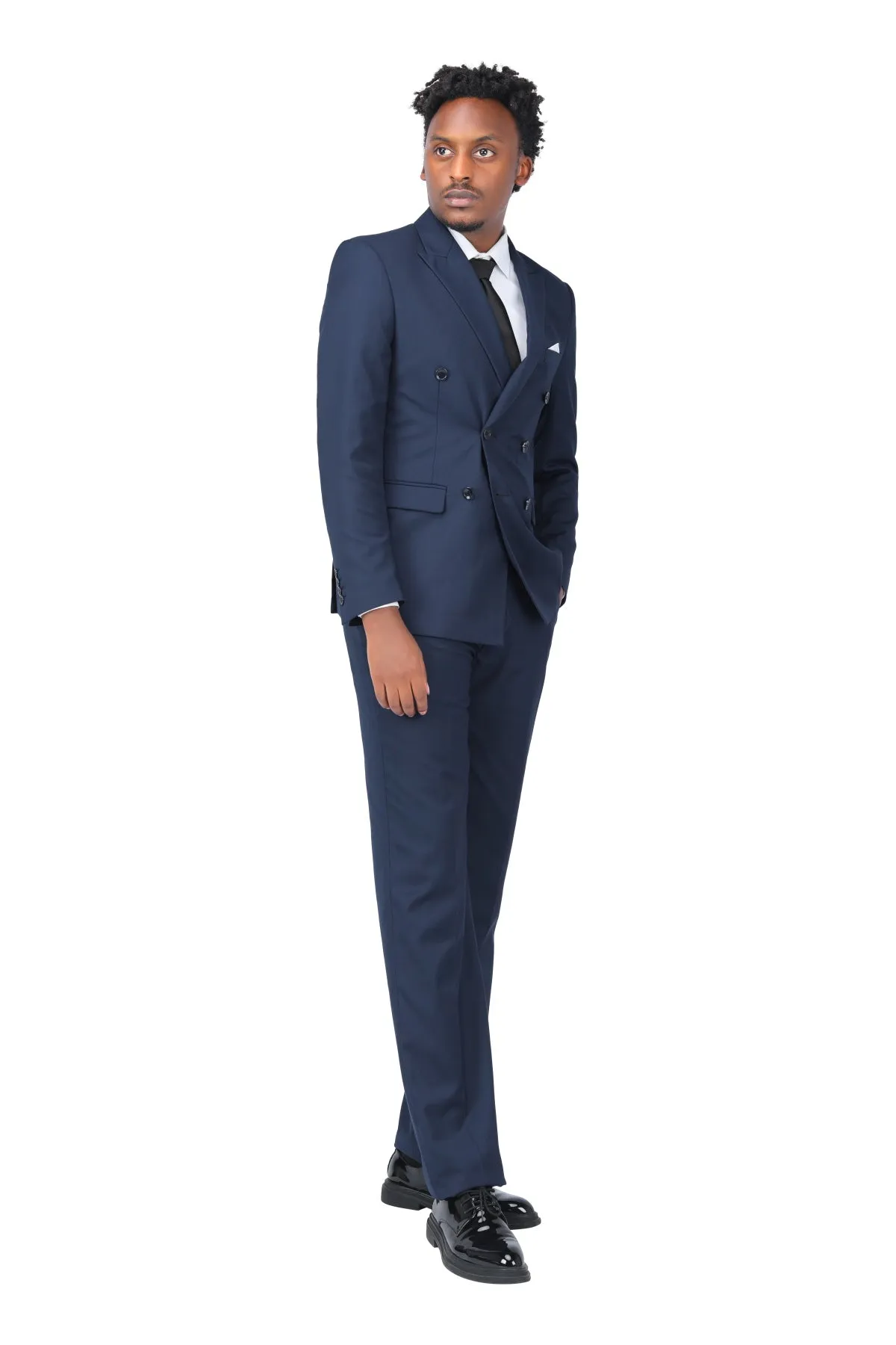 2-Piece Double Breasted Solid Color Navy Suit