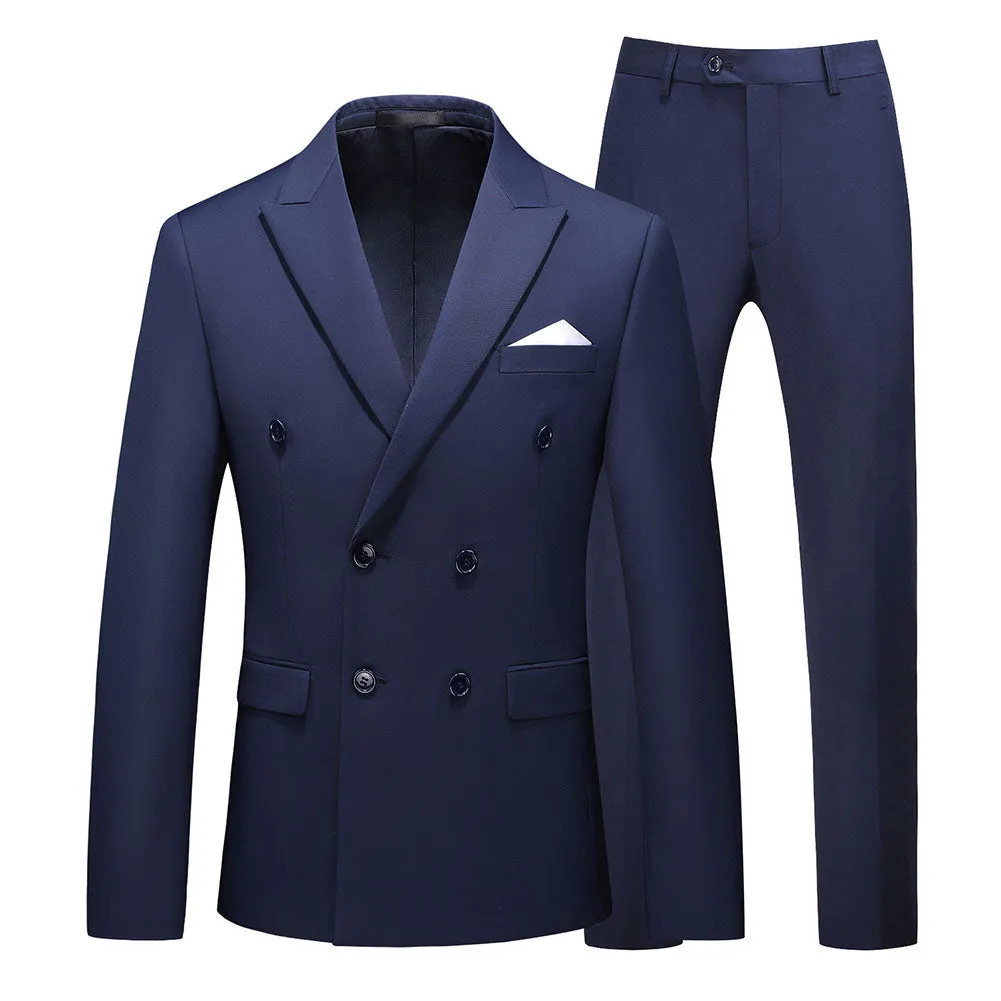 2-Piece Double Breasted Solid Color Navy Suit