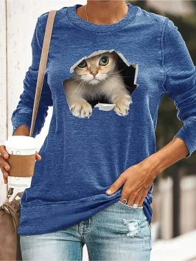 3D Cat Print Long Sleeve Women's T-shirt in Black, Yellow, and Navy Blue