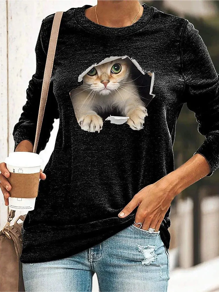 3D Cat Print Long Sleeve Women's T-shirt in Black, Yellow, and Navy Blue