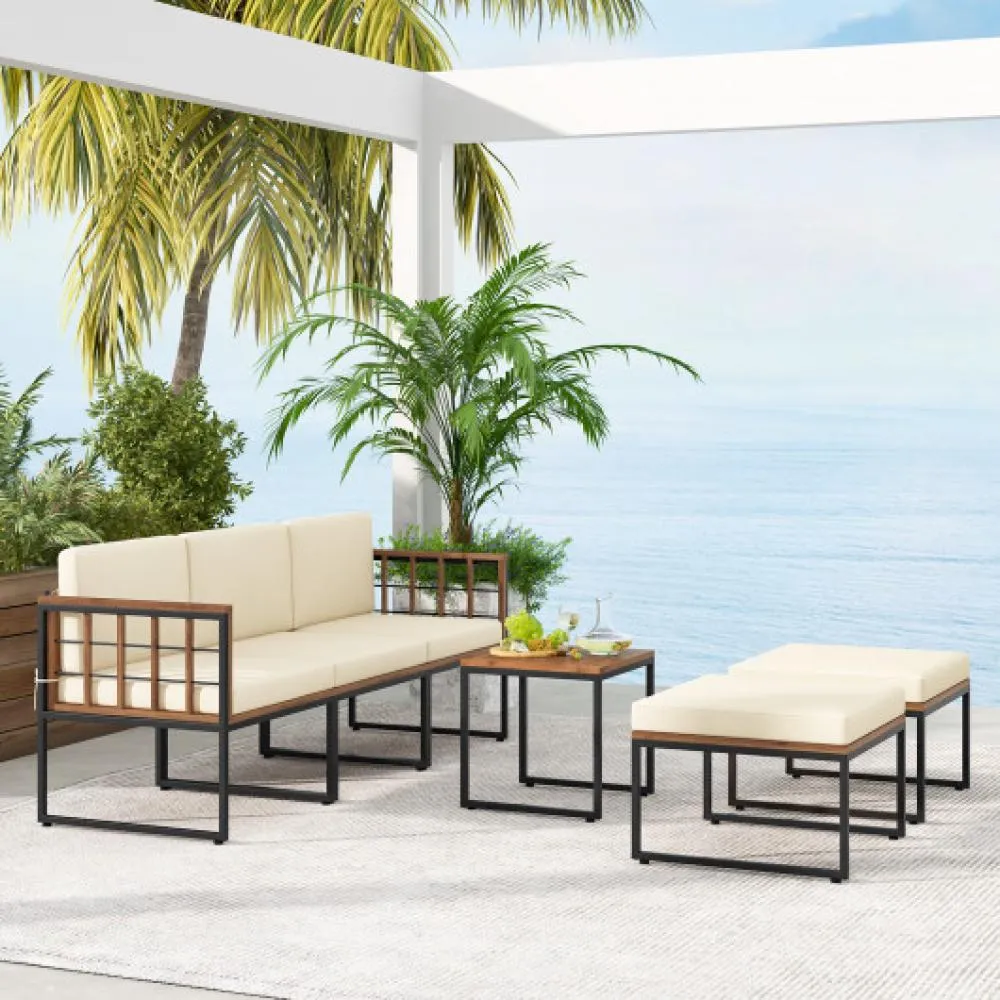 6 Pieces Acacia Wood Patio Furniture Set with Coffee Table and Ottomans-Beige