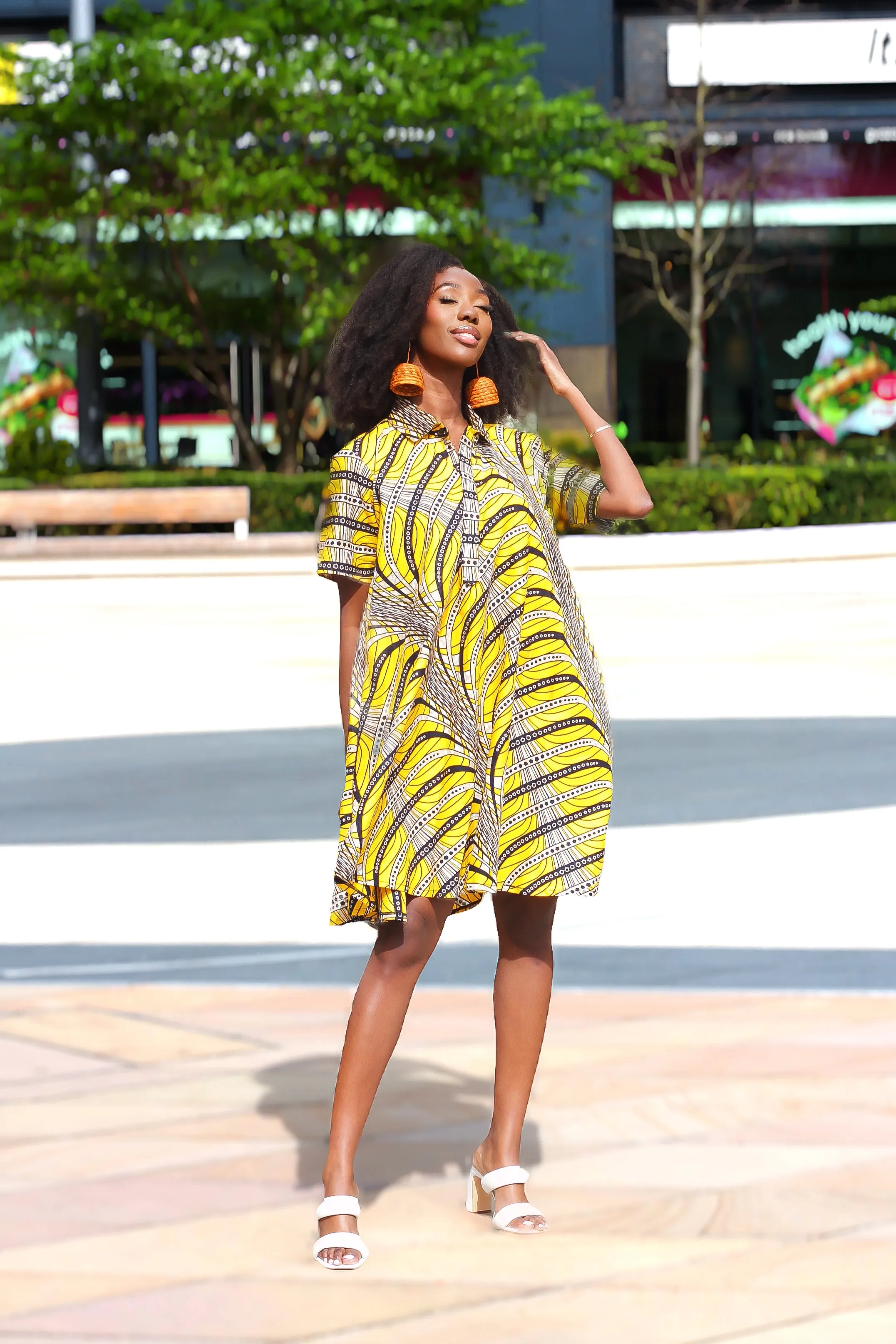 African Print Yellow Shirt mini Dress - Kabira