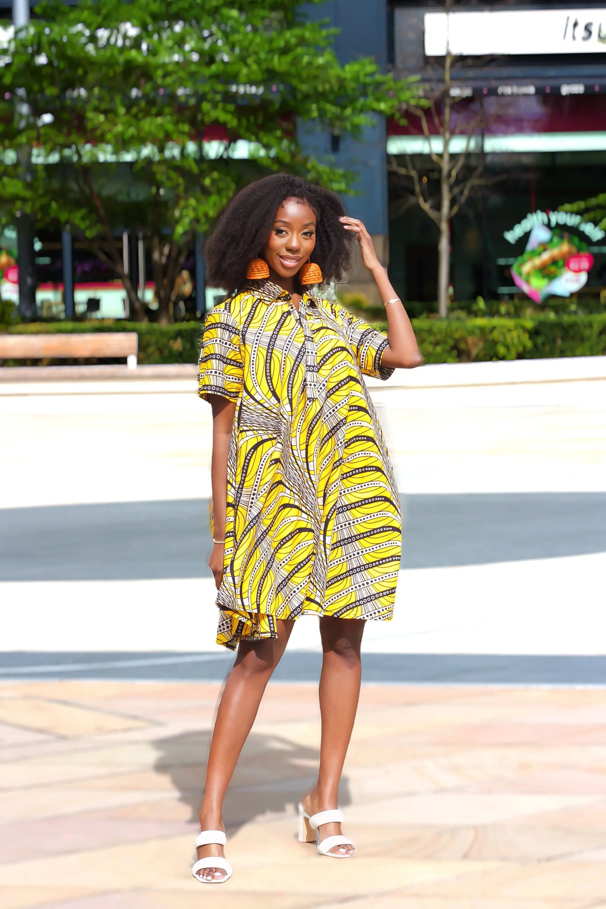 African Print Yellow Shirt mini Dress - Kabira