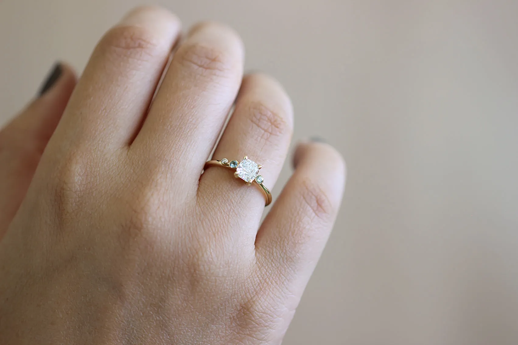 Asymmetric Diamond Cluster Engagement Ring with Aquamarine And Mint Garnet - Cluster Engagement Ring