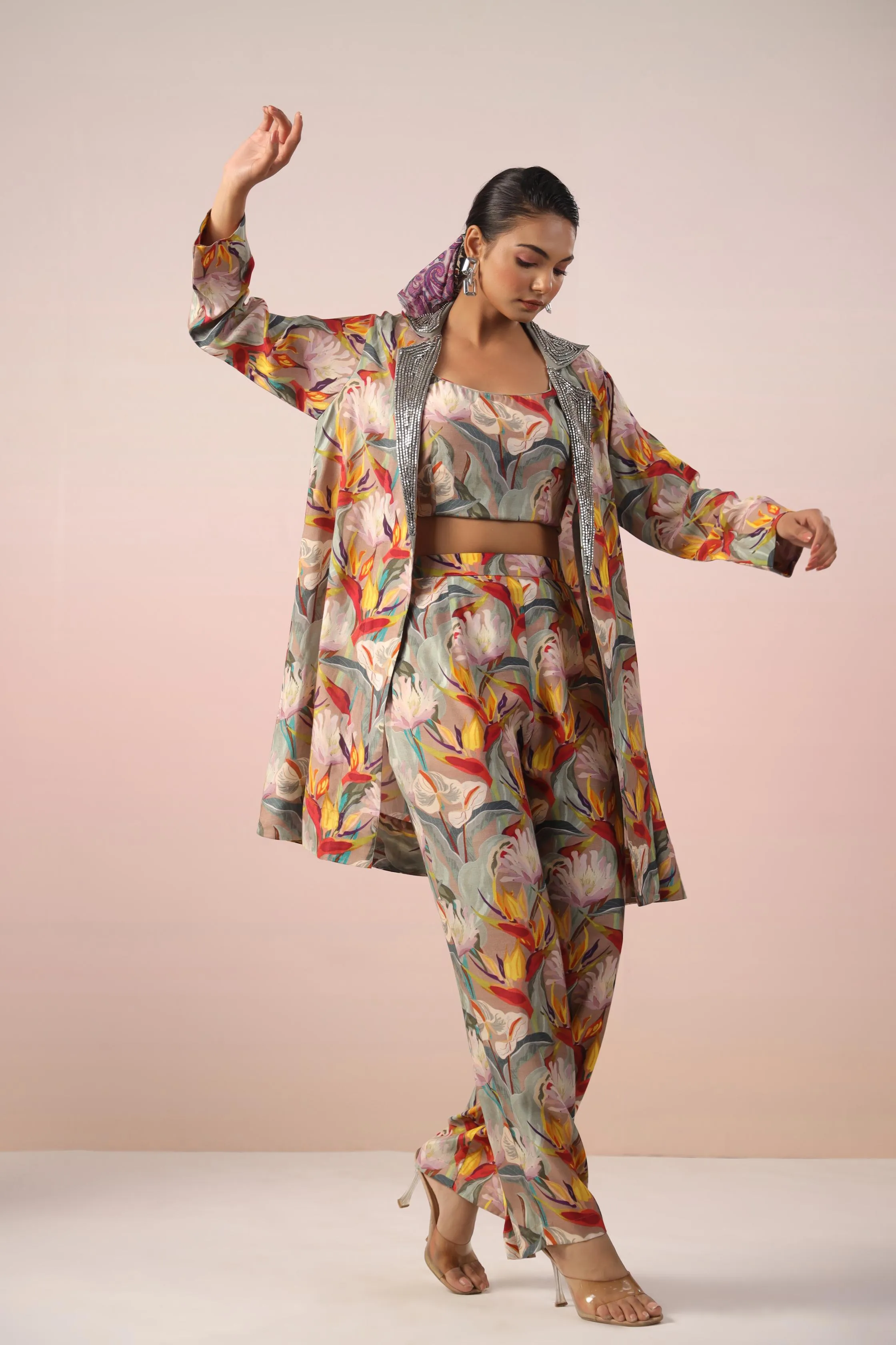 Beige Floral Printed Tafetta Himalayan Silk Jacket Co-Ord Set