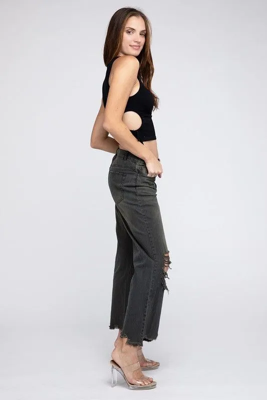 BiBi Distressed Vintage Washed Wide Leg Pants