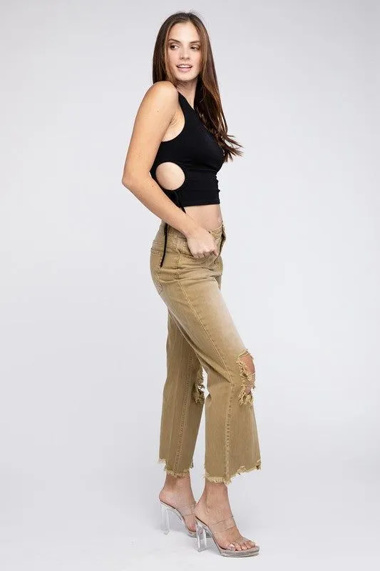 BiBi Distressed Vintage Washed Wide Leg Pants