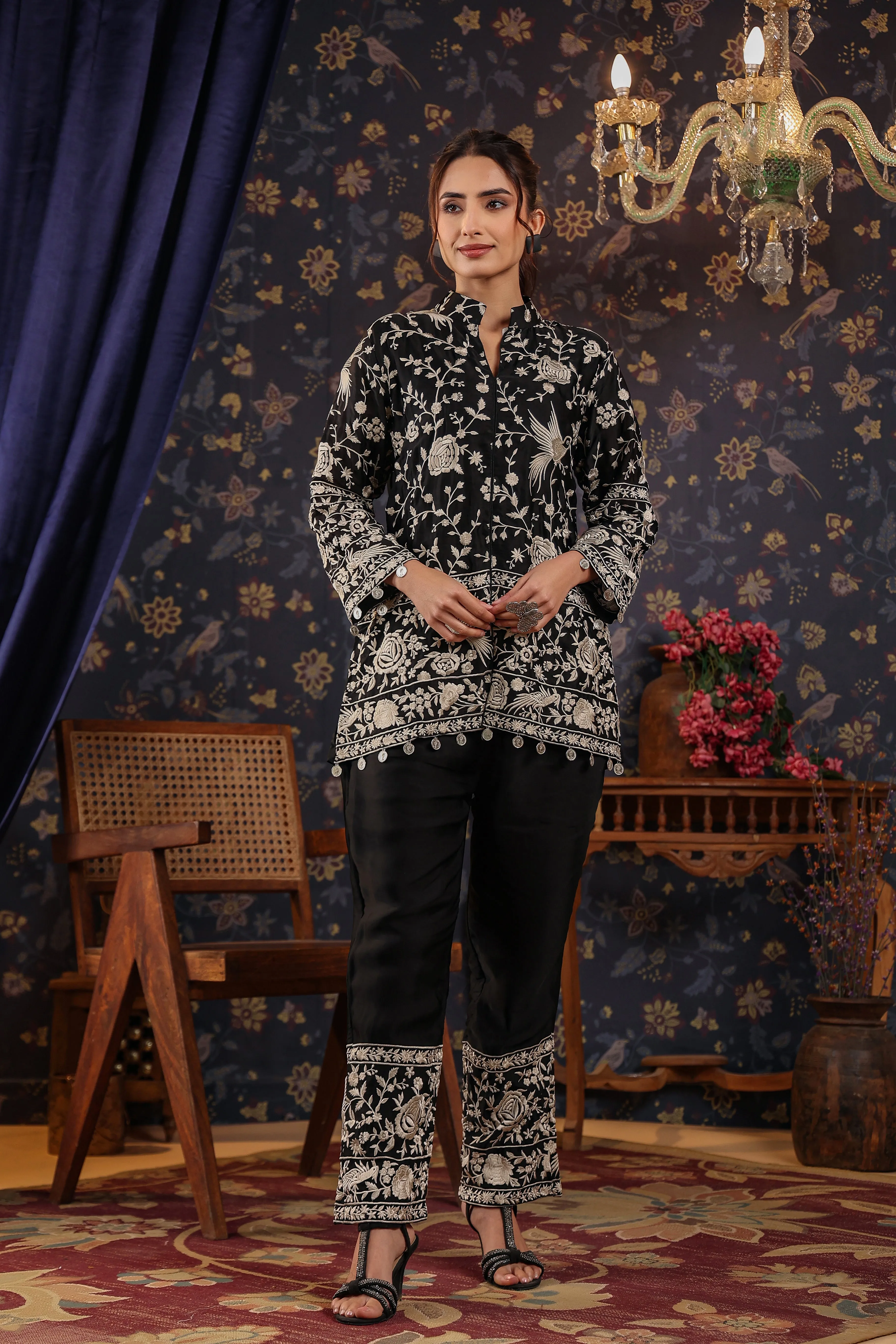 Black Embroidered Chanderi Satin Silk Co-Ord Set