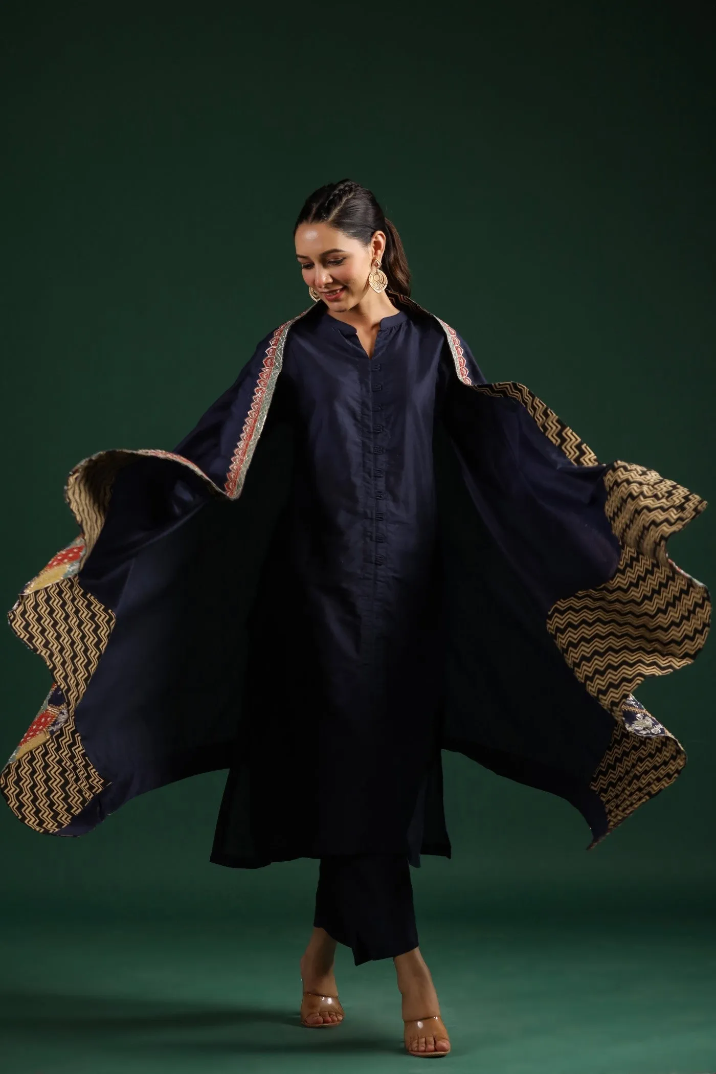 Black Ethnical Embroidered Dola Silk Cape Set