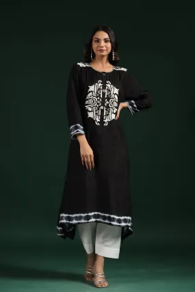 Black Tie Dye Raw Silk Kurta & Pants Set