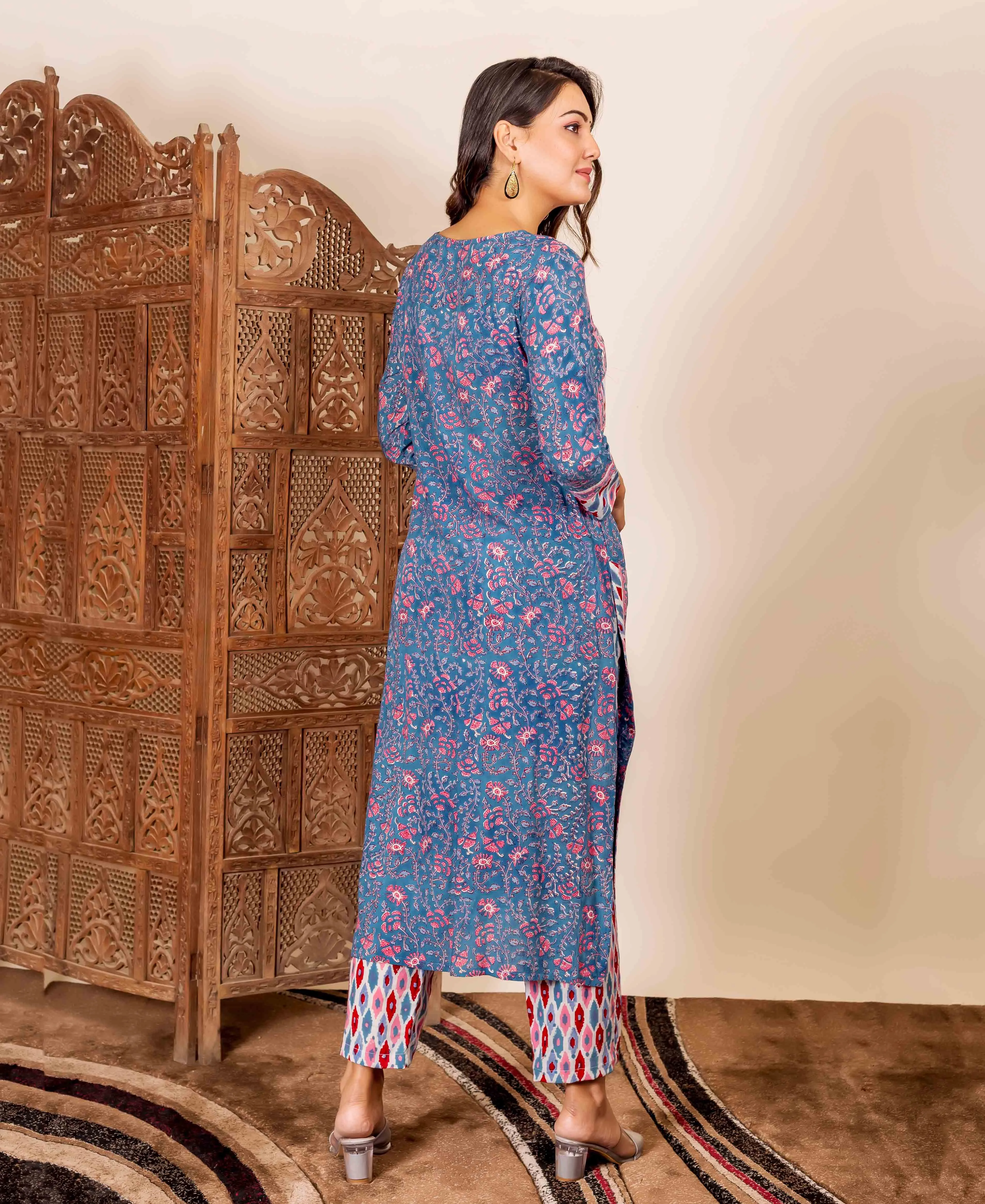 Blue and Pink Hand Block Printed Kurta