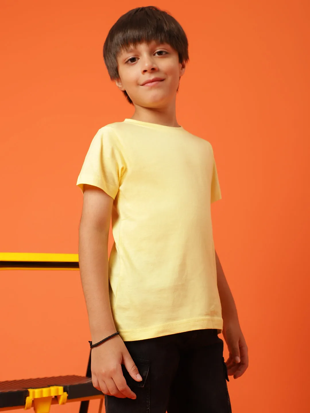 Boys Yellow Cotton Regular Solid T-shirt