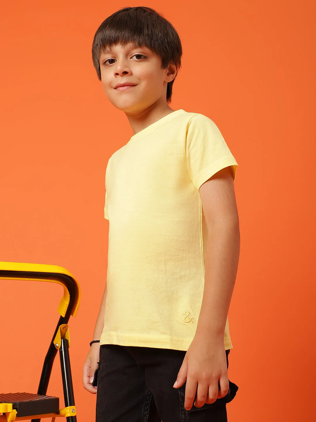 Boys Yellow Cotton Regular Solid T-shirt