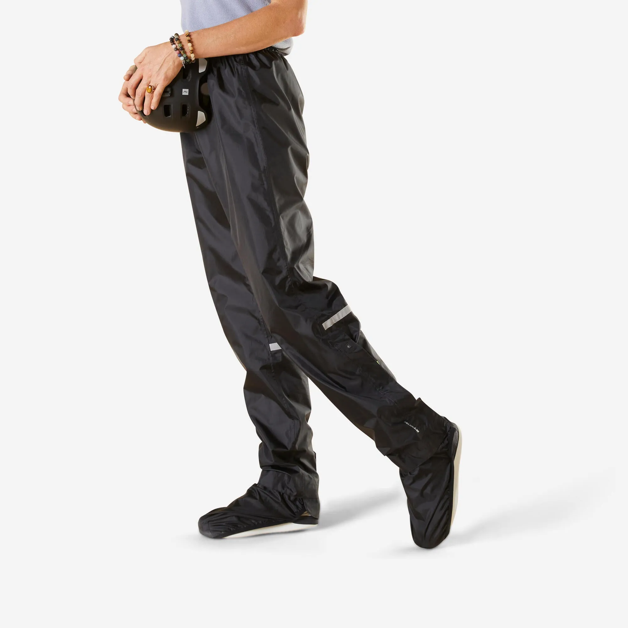 Btwin City Cycling Rain OverPants with Built-In Overshoes 100 - Black