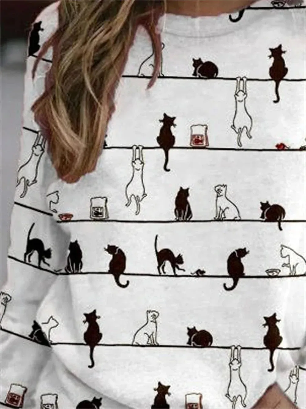 Cat Print Long Sleeve Women's T-shirt Casual Weekend Tee White Gray