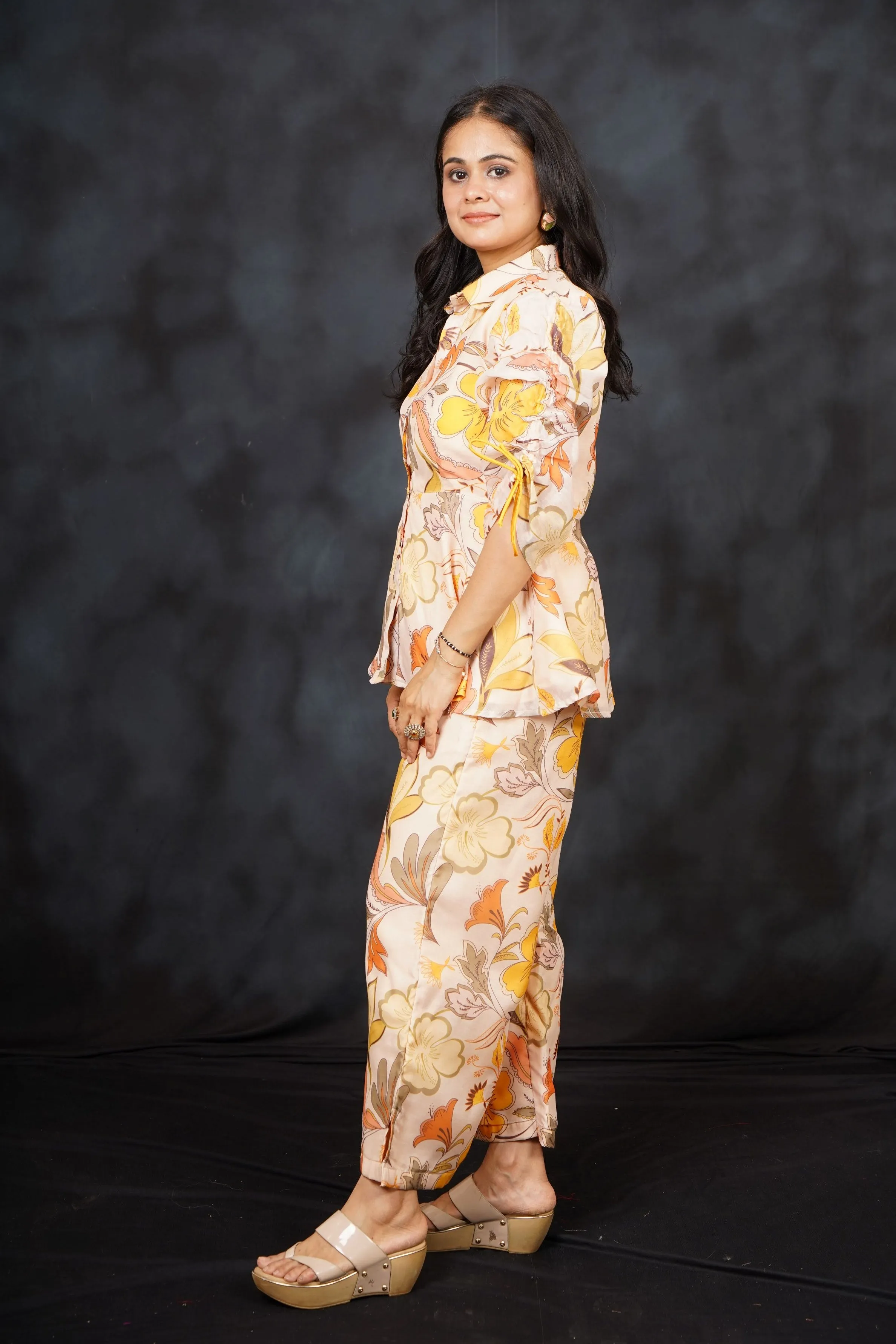 Champagne Peach Floral Printed Chanderi Silk Co-Ord Set