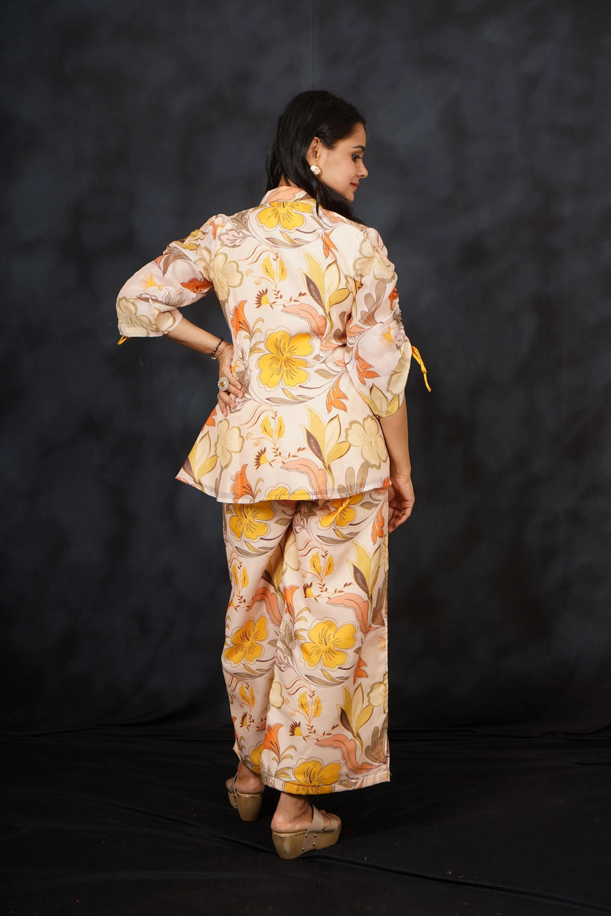 Champagne Peach Floral Printed Chanderi Silk Co-Ord Set