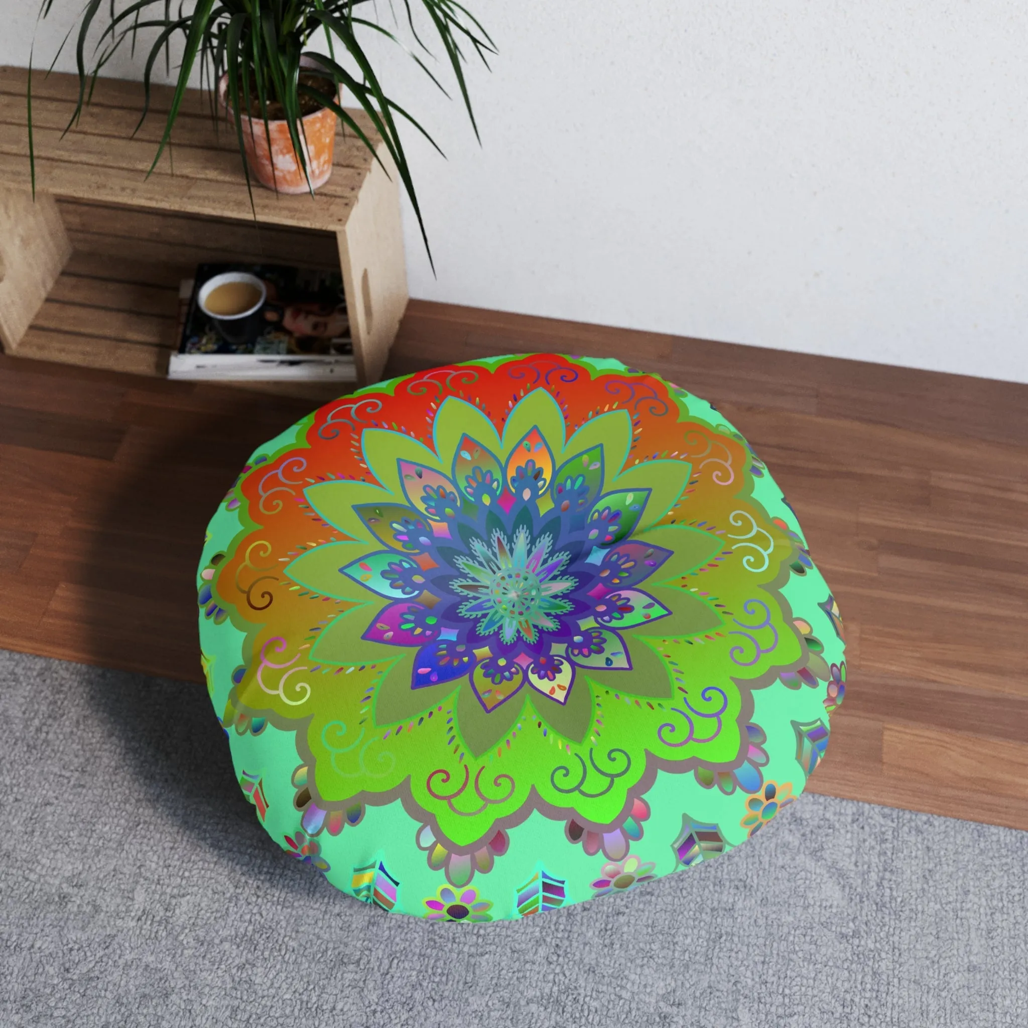 Colorful Hand Drawn Mandala Floor Cushion - Tufted Round Pillow