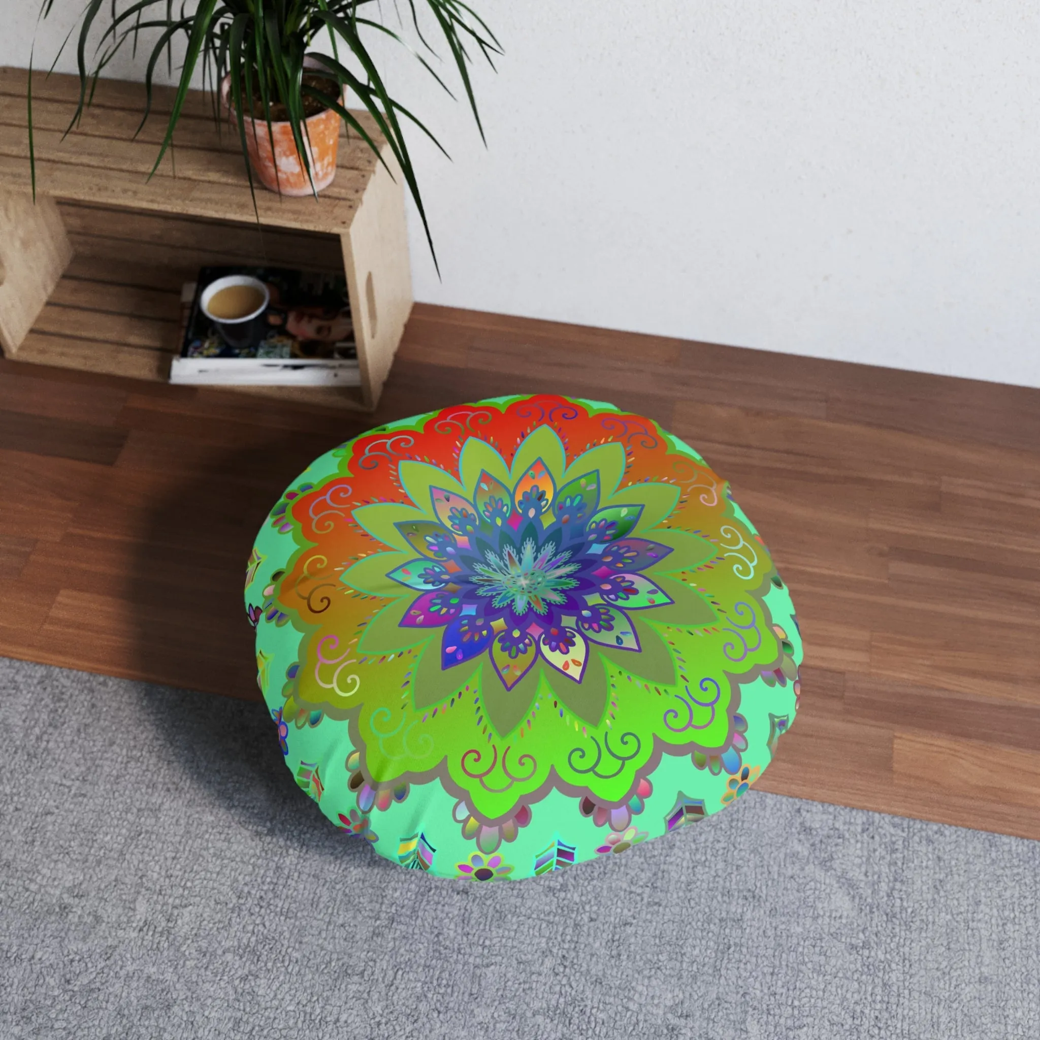 Colorful Hand Drawn Mandala Floor Cushion - Tufted Round Pillow