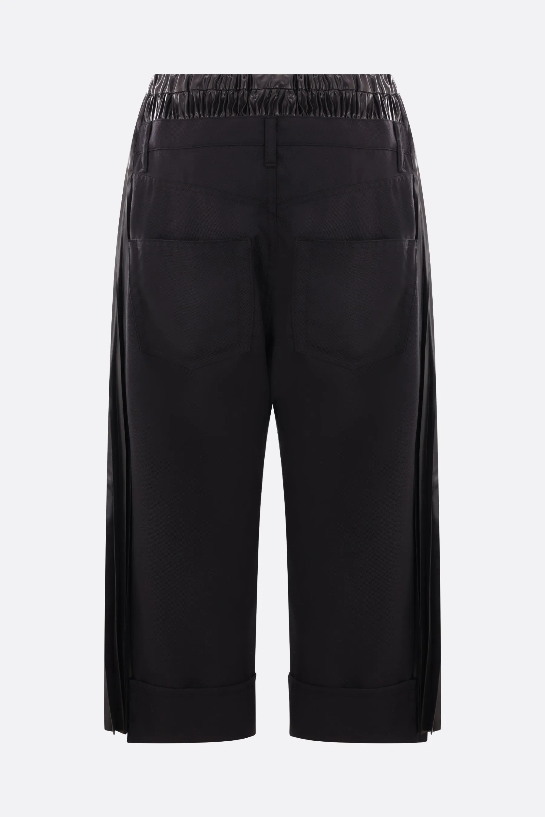 cropped pants in twill and shiny pleated nylon