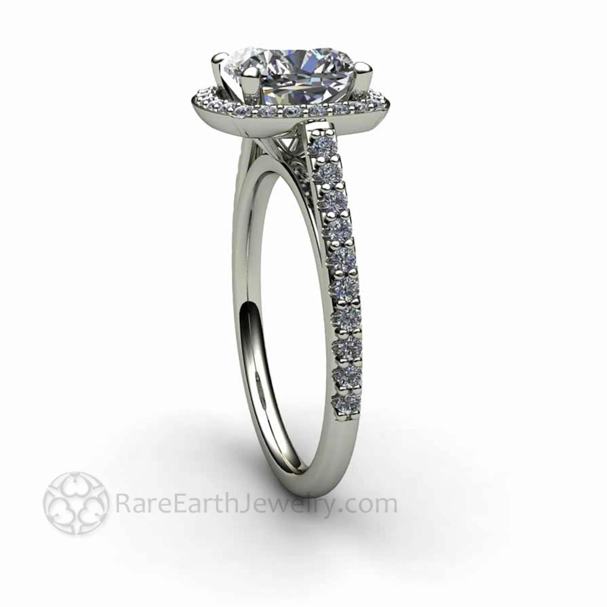 Cushion Cut Moissanite Engagement Ring Pave Diamond Halo