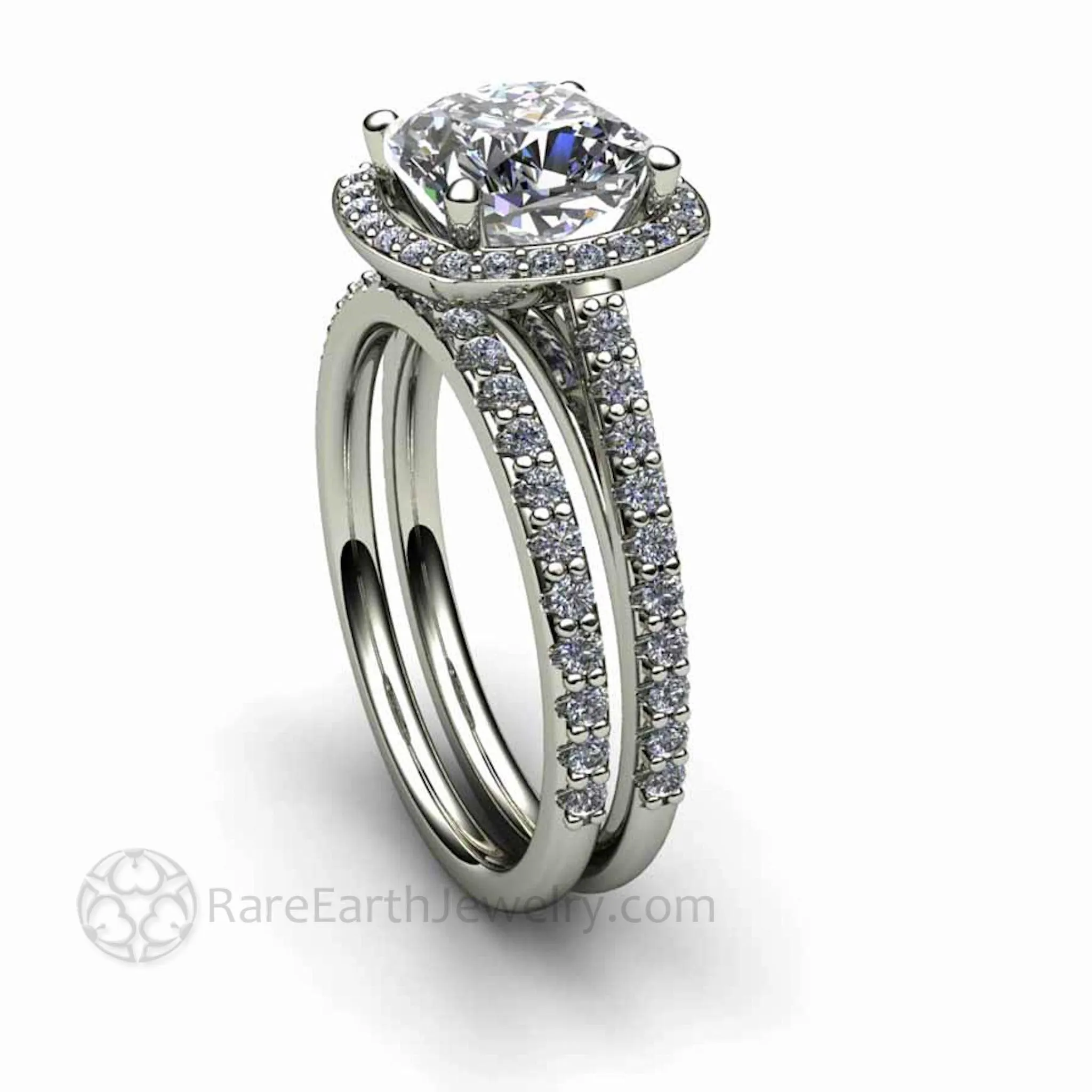 Cushion Cut Moissanite Engagement Ring Pave Diamond Halo