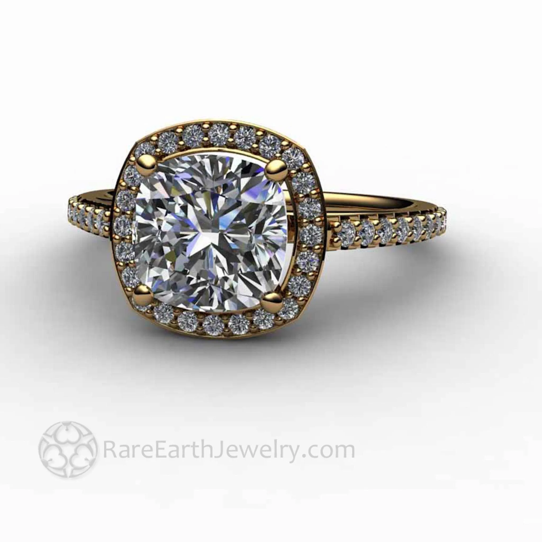 Cushion Cut Moissanite Engagement Ring Pave Diamond Halo