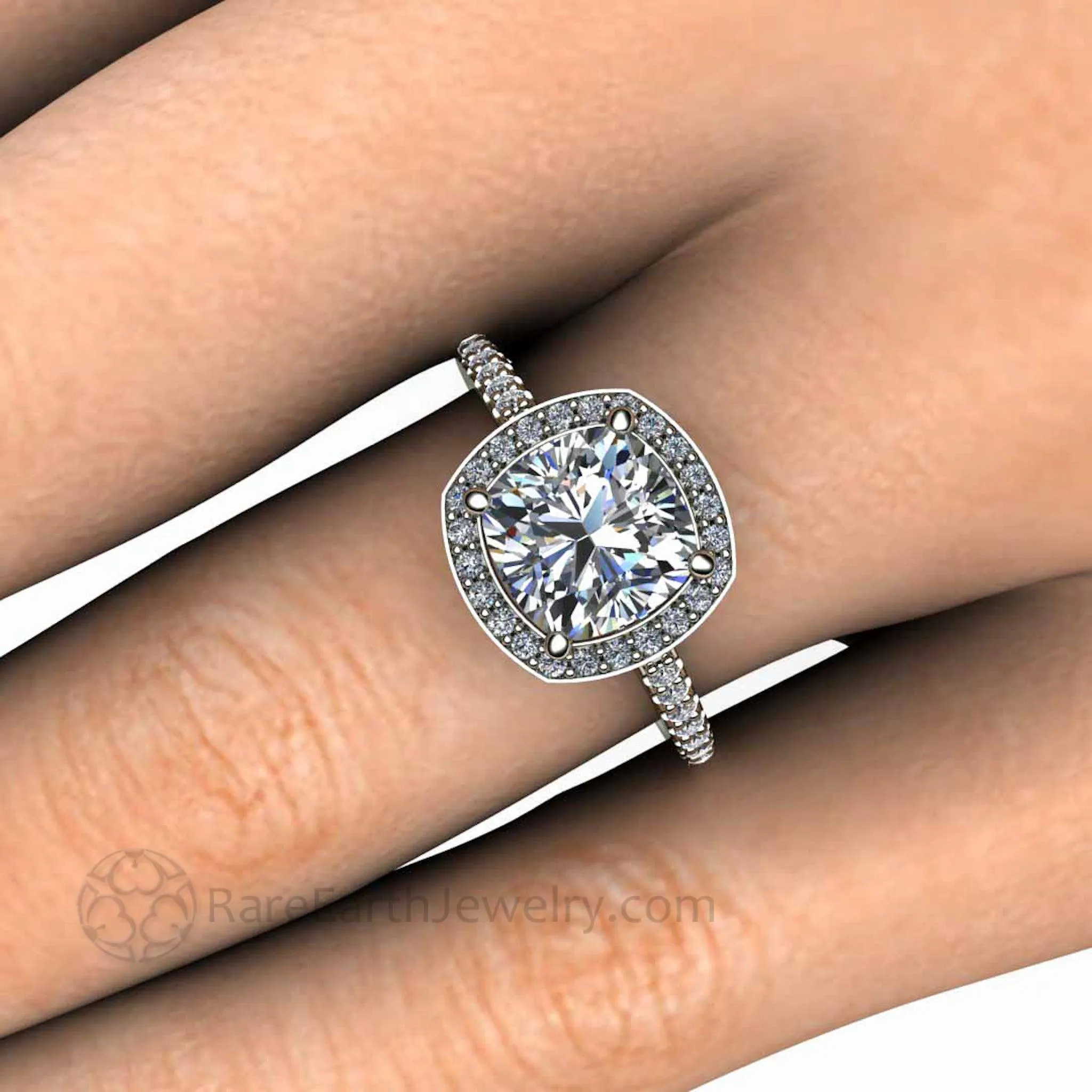 Cushion Cut Moissanite Engagement Ring Pave Diamond Halo