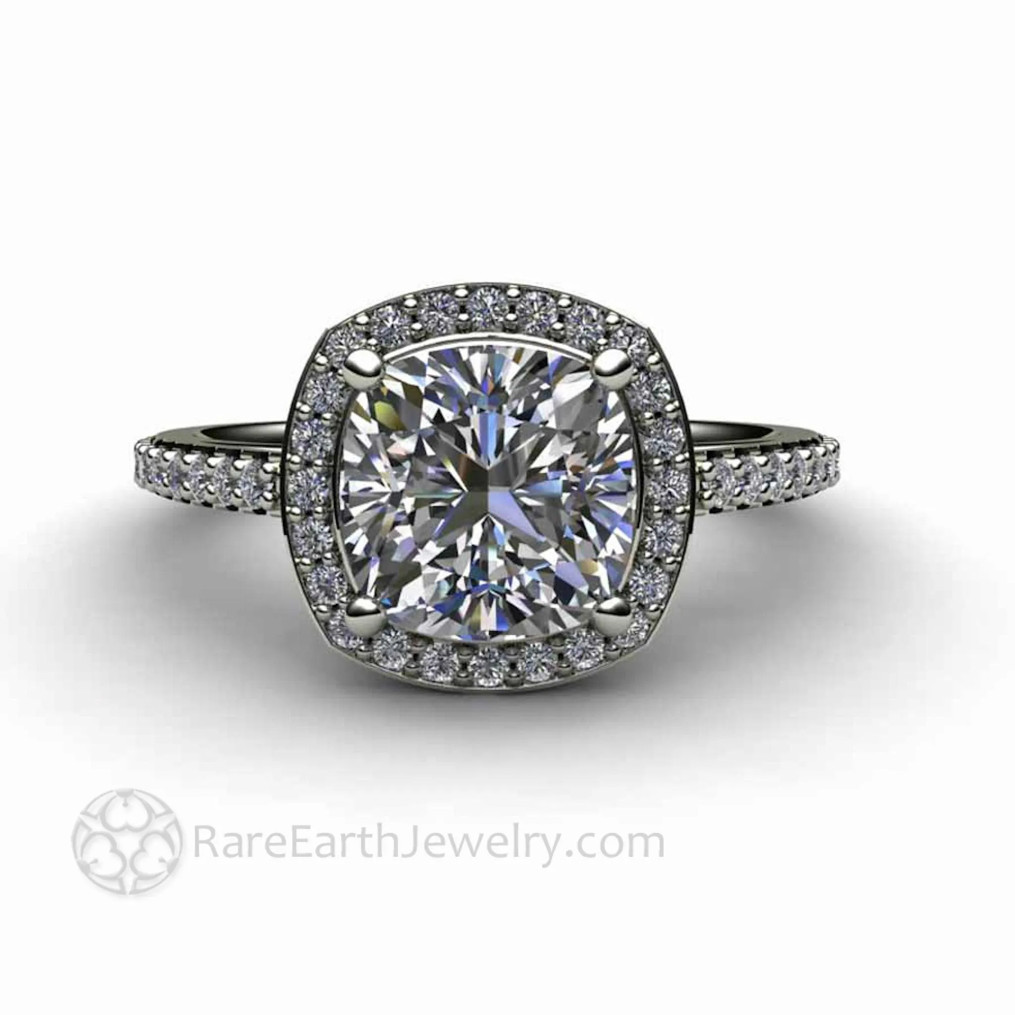 Cushion Cut Moissanite Engagement Ring Pave Diamond Halo