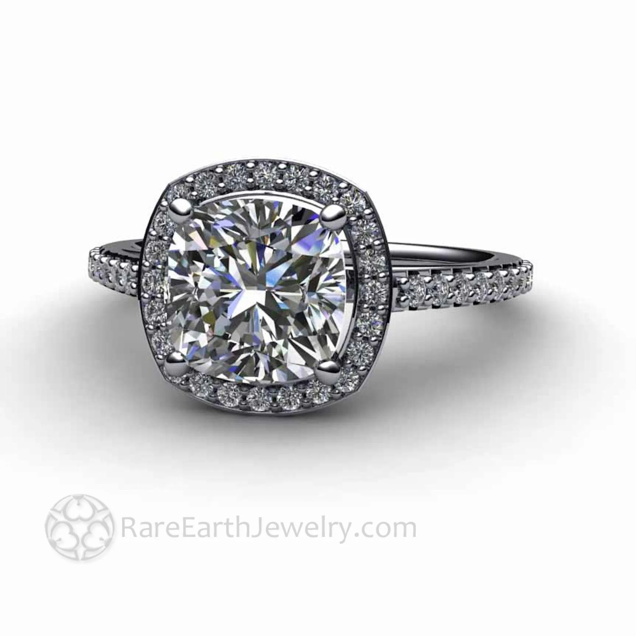 Cushion Cut Moissanite Engagement Ring Pave Diamond Halo