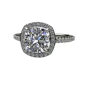 Cushion Cut Moissanite Engagement Ring Pave Diamond Halo