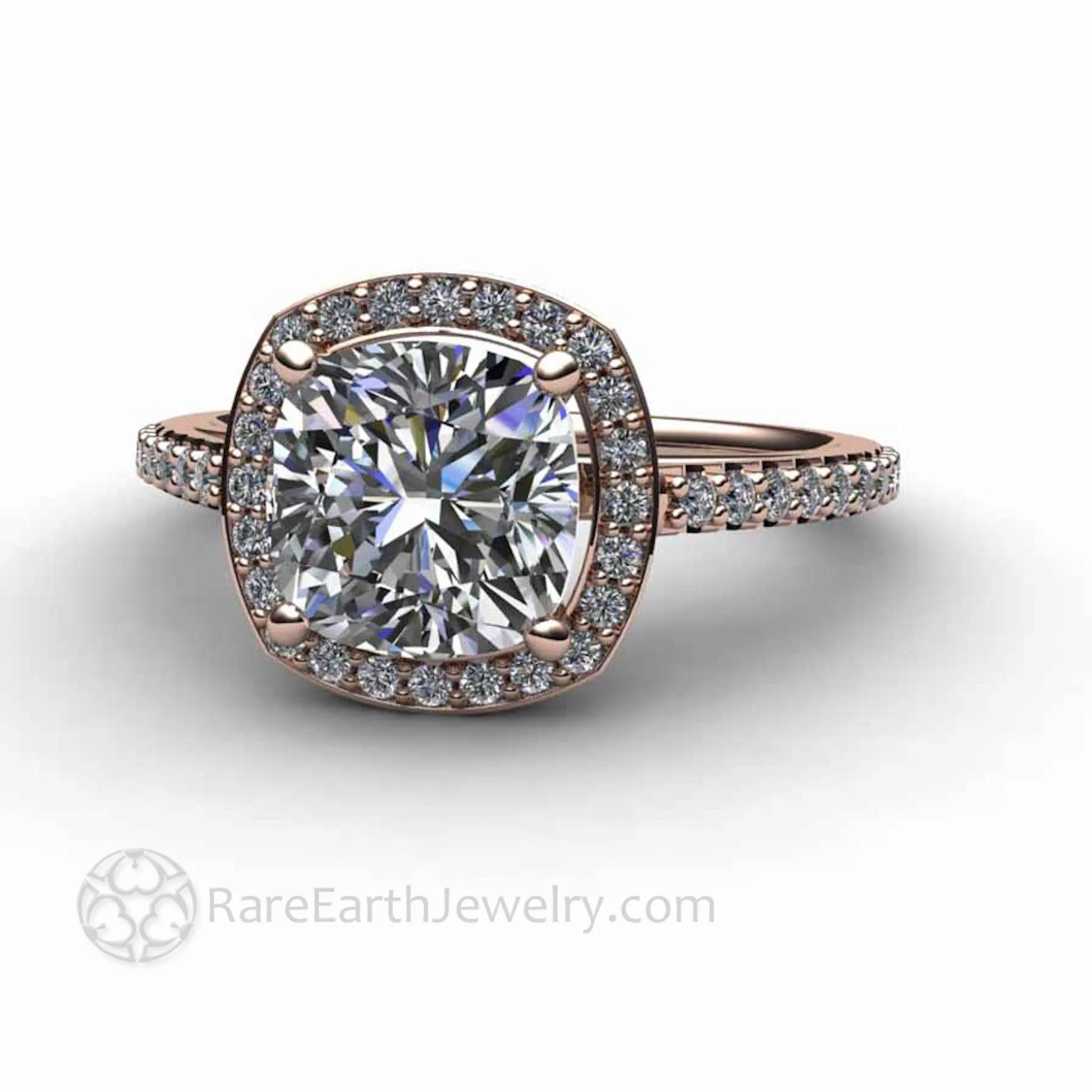 Cushion Cut Moissanite Engagement Ring Pave Diamond Halo