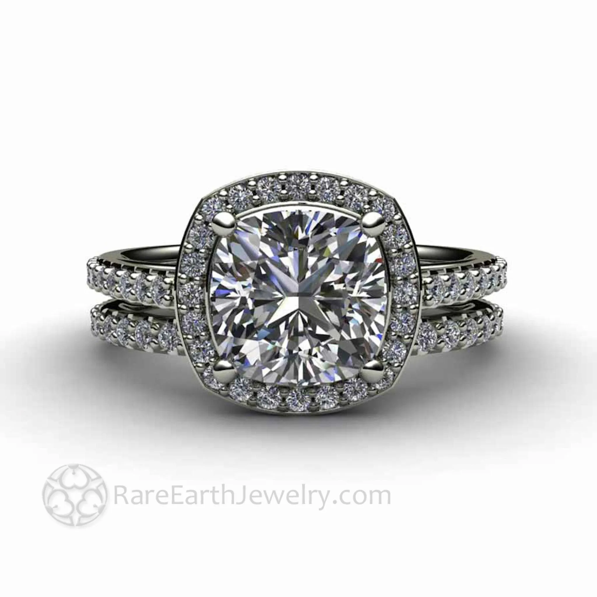 Cushion Cut Moissanite Engagement Ring Pave Diamond Halo