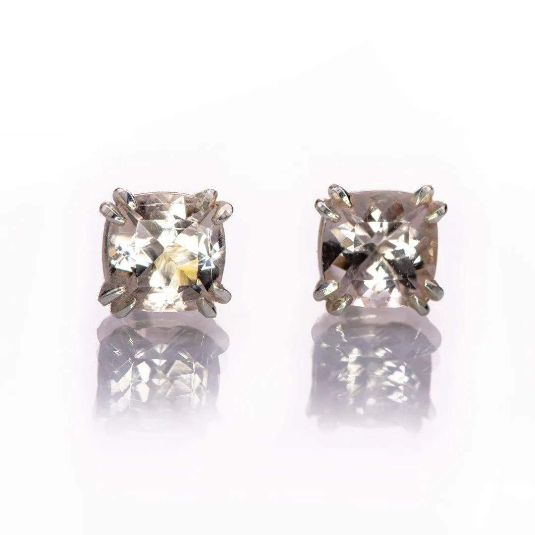 Cushion Cut Morganite Prong Set Sterling Silver Basket Stud Earrings, Ready to Ship