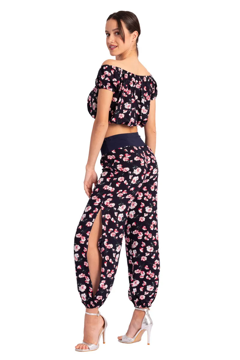 Dark Blue Floral Print Gathered Tango Pants With Slits