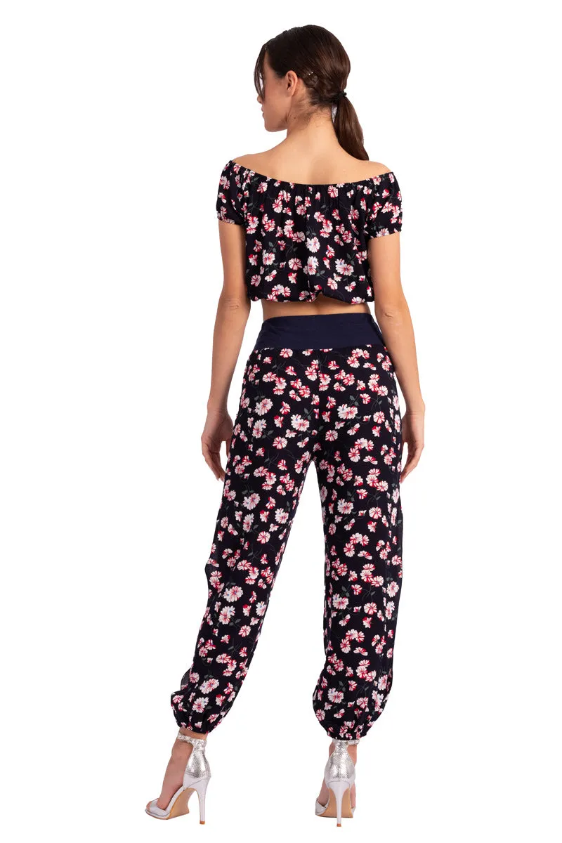 Dark Blue Floral Print Gathered Tango Pants With Slits