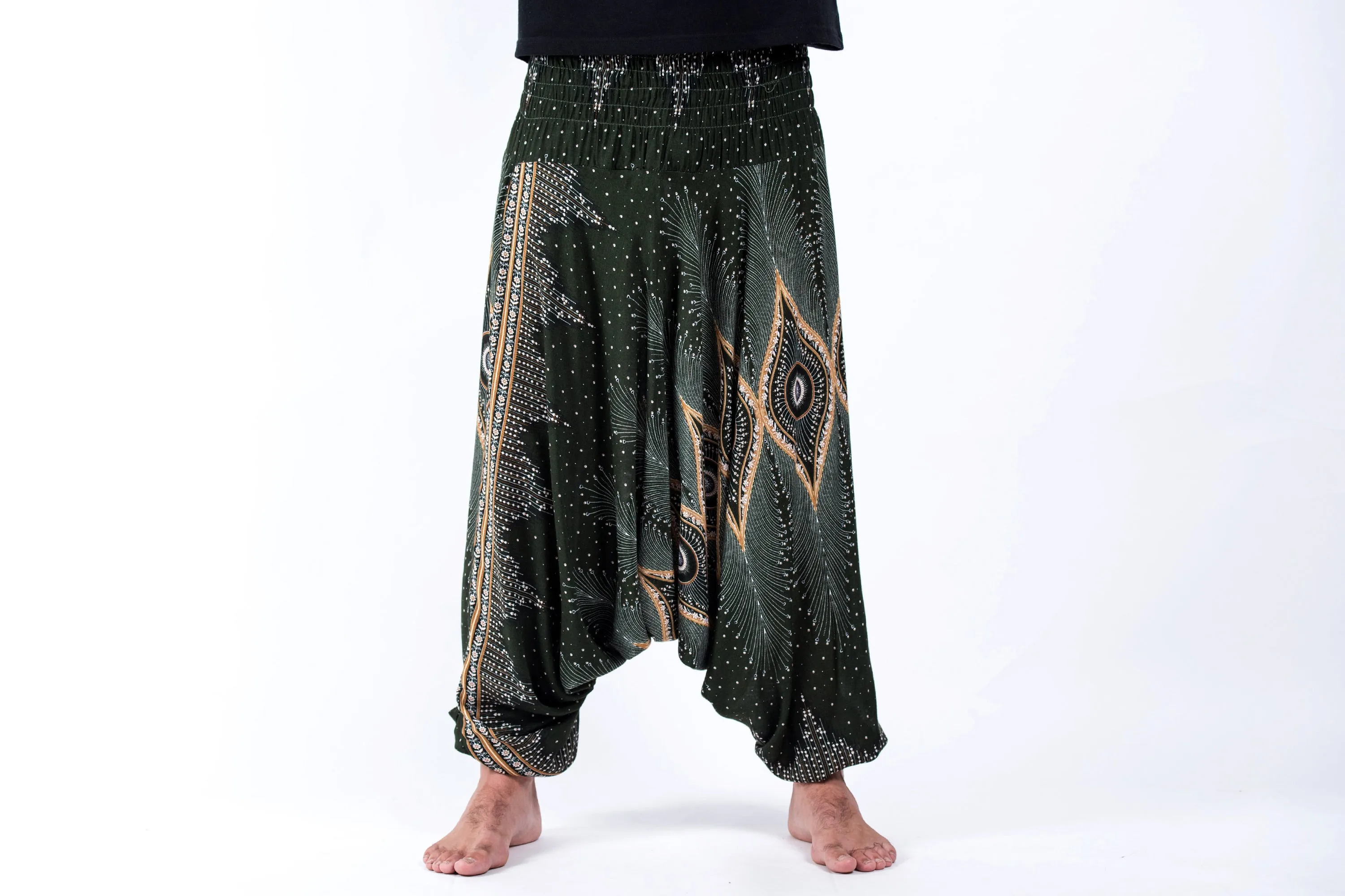 Diamond Peacock Drop Crotch Men's Harem Pants in Green