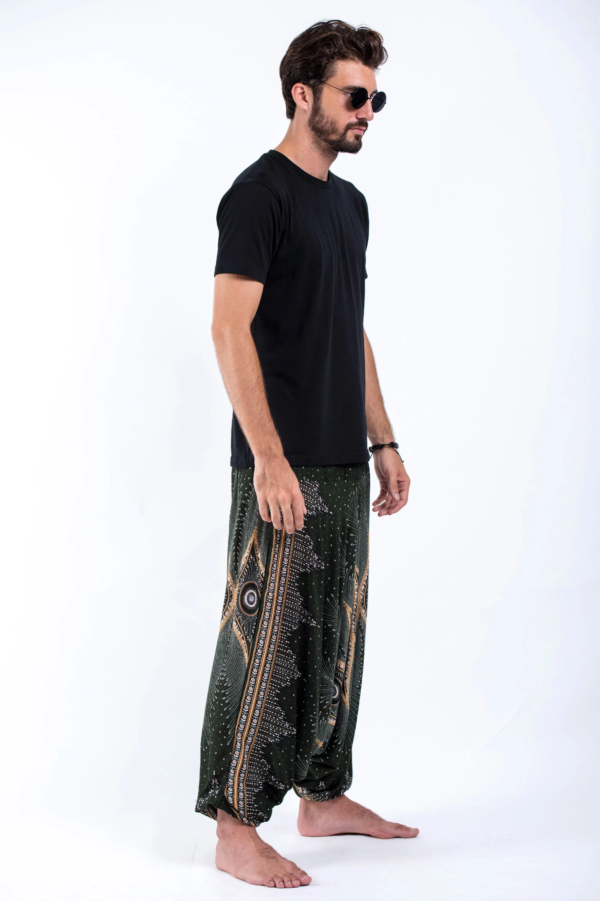 Diamond Peacock Drop Crotch Men's Harem Pants in Green