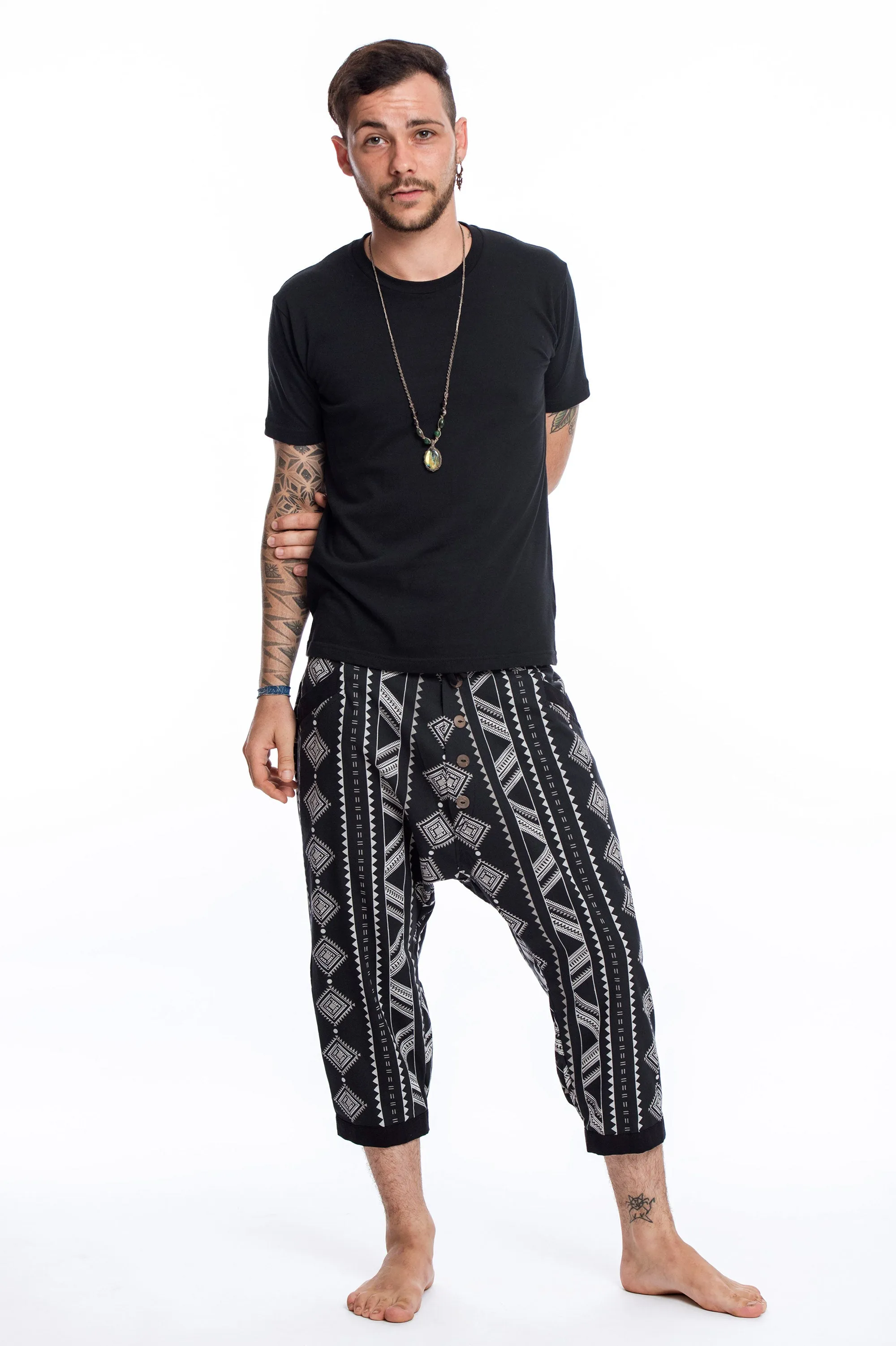 Diamonds Men's Harem Pants with Faux Buttons in Black