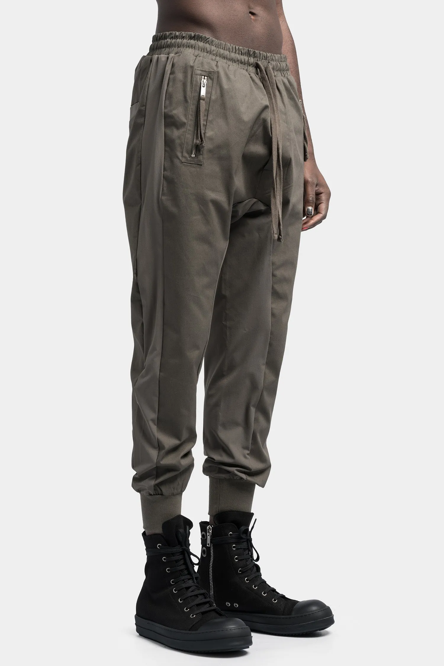 Drop crotch zip pocket tech pants, Ivy green