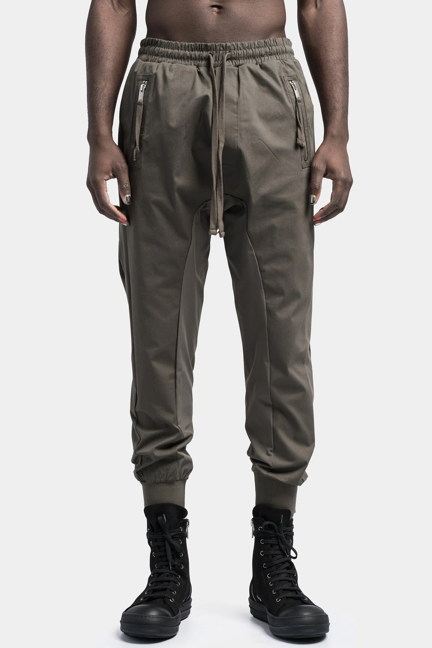 Drop crotch zip pocket tech pants, Ivy green