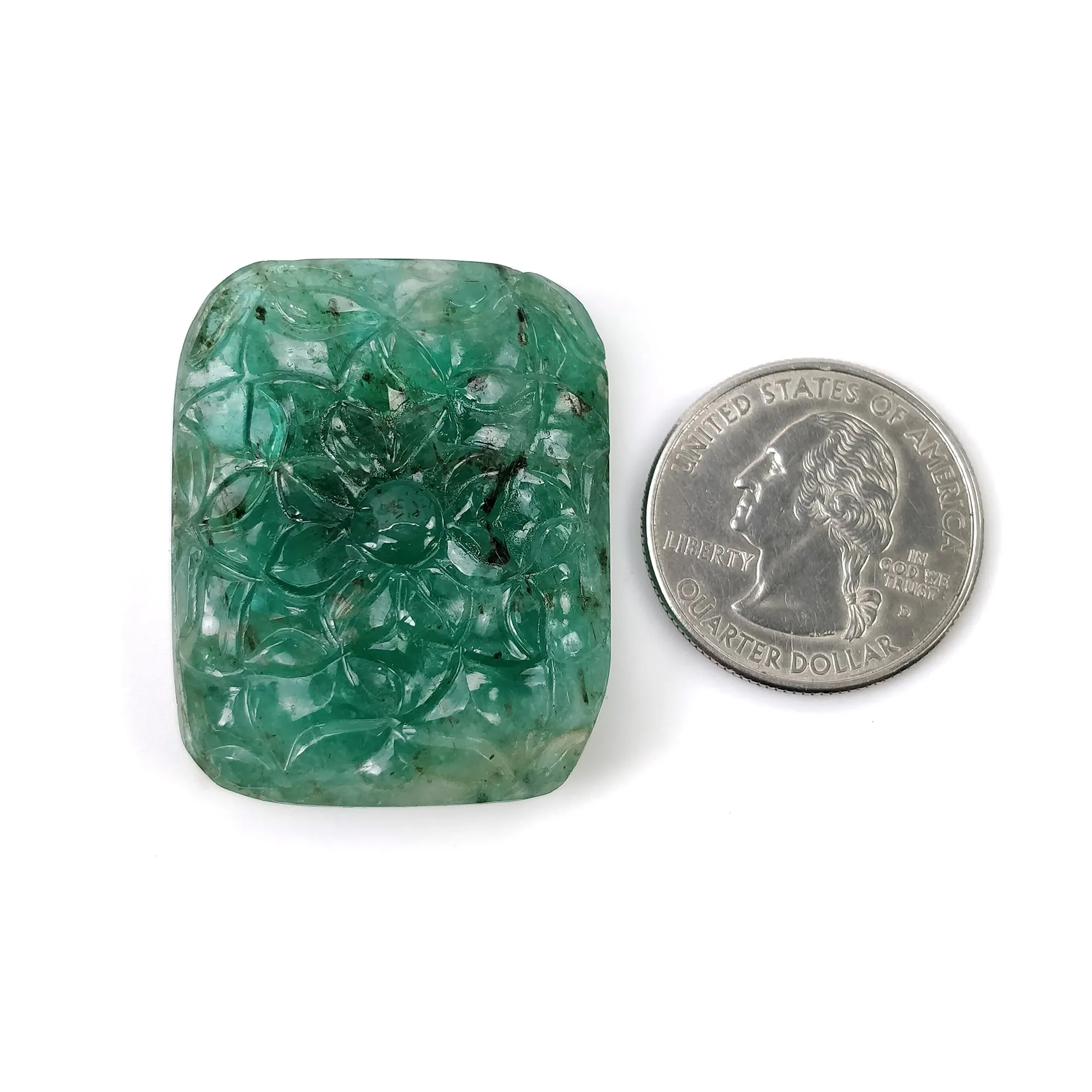 EMERALD Gemstone Carving : 97.80cts Natural Untreated Unheated Green Emerald Both Side Hand Carved Cushion Shape 37.5*30mm