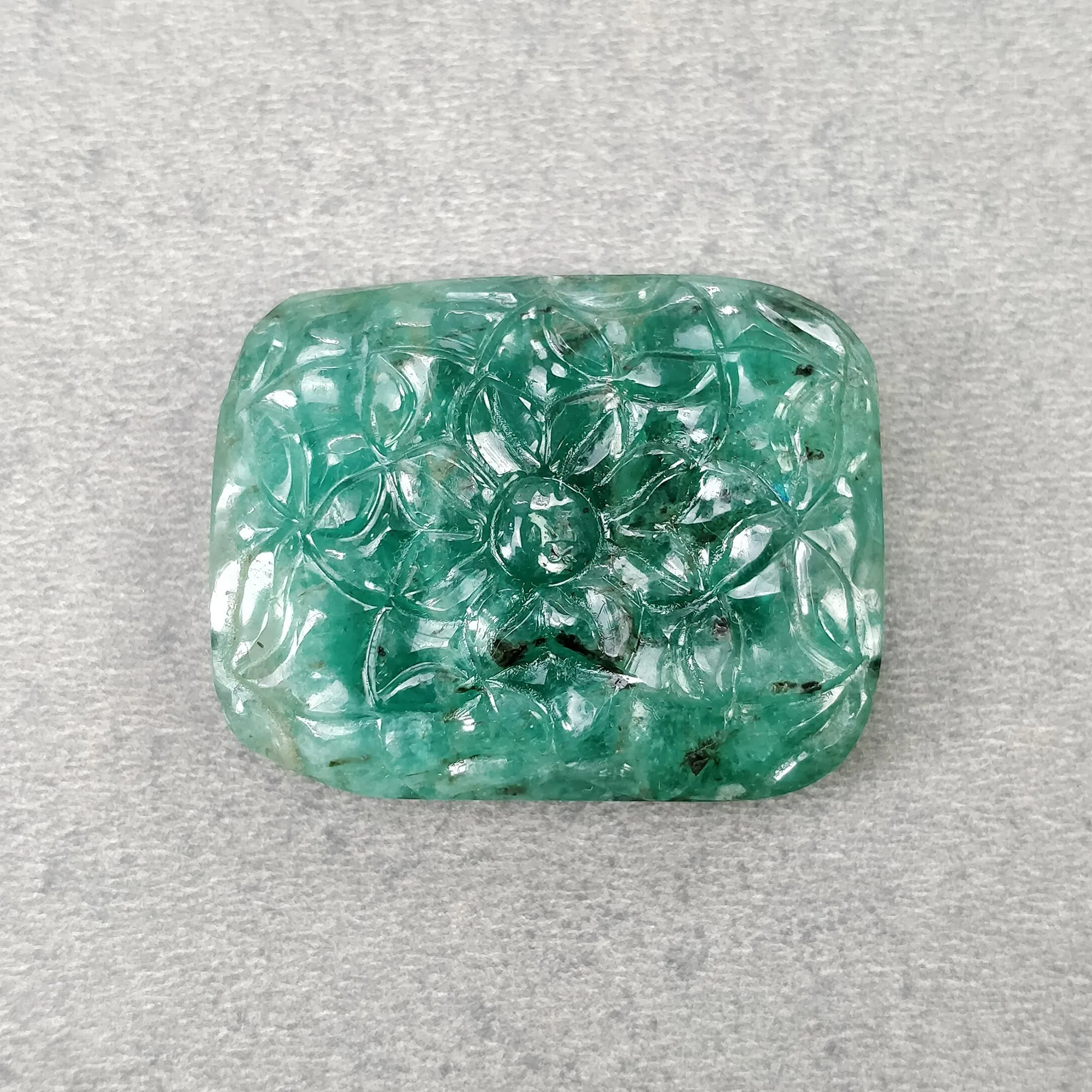 EMERALD Gemstone Carving : 97.80cts Natural Untreated Unheated Green Emerald Both Side Hand Carved Cushion Shape 37.5*30mm