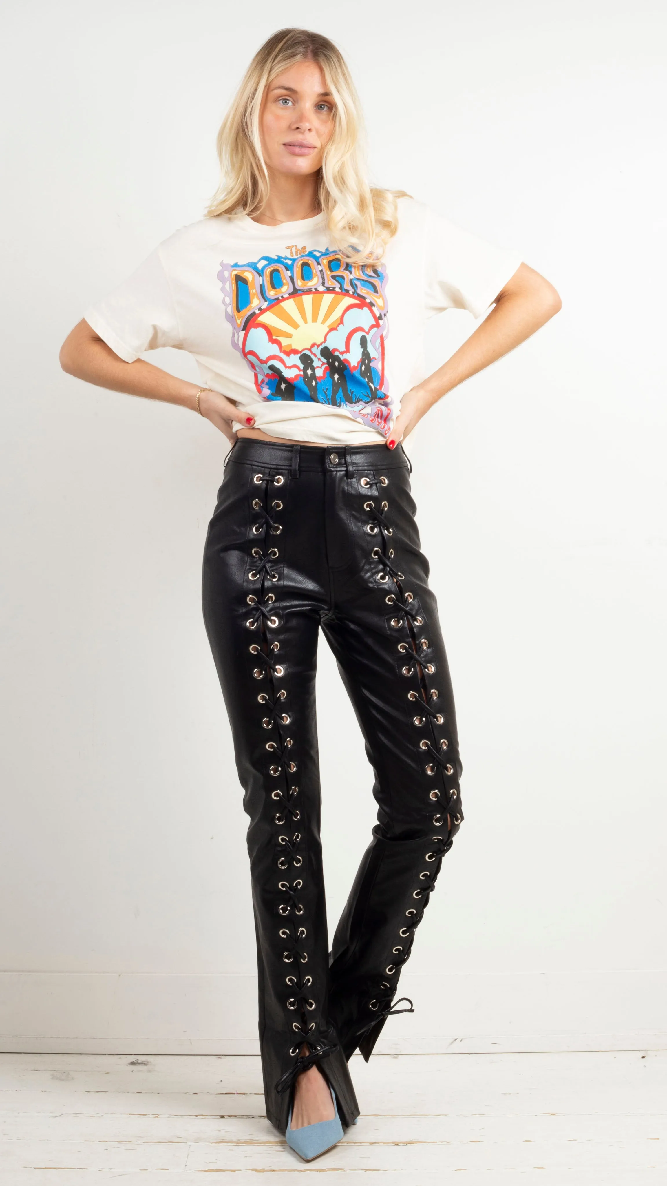 Faux Leather Lace Up Pants - Black