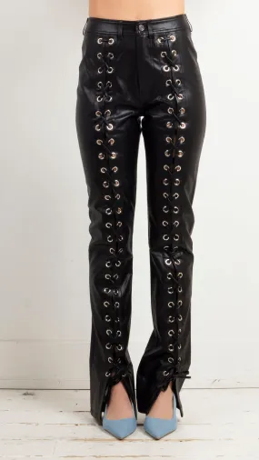 Faux Leather Lace Up Pants - Black