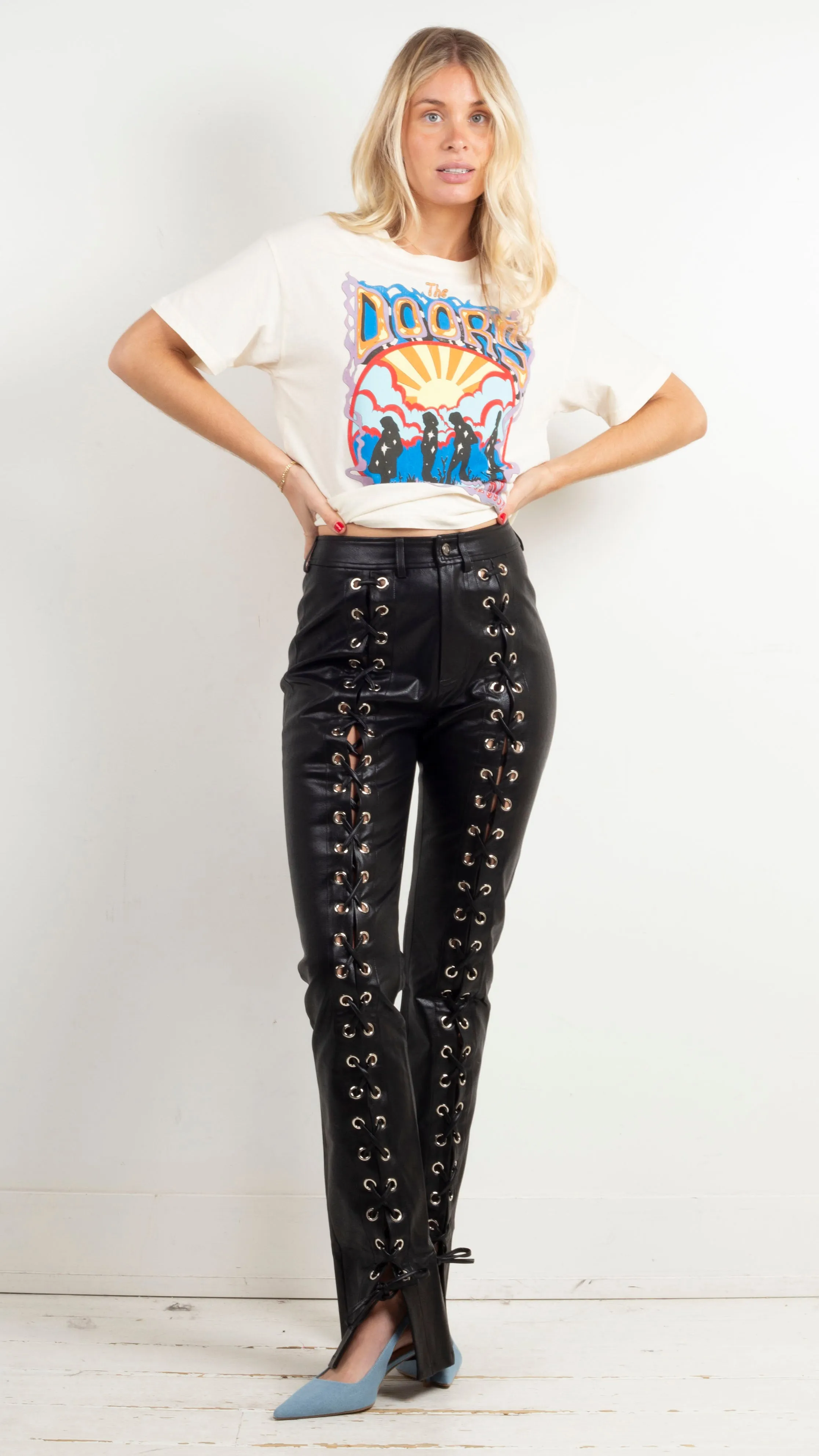 Faux Leather Lace Up Pants - Black